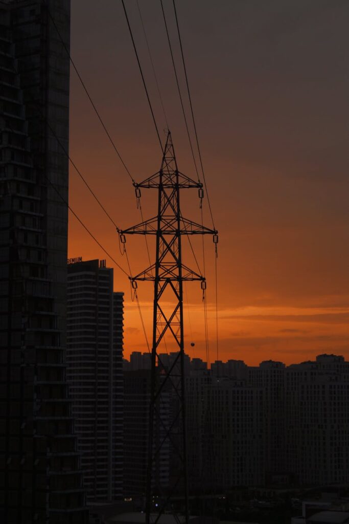 utility power pole at sunset