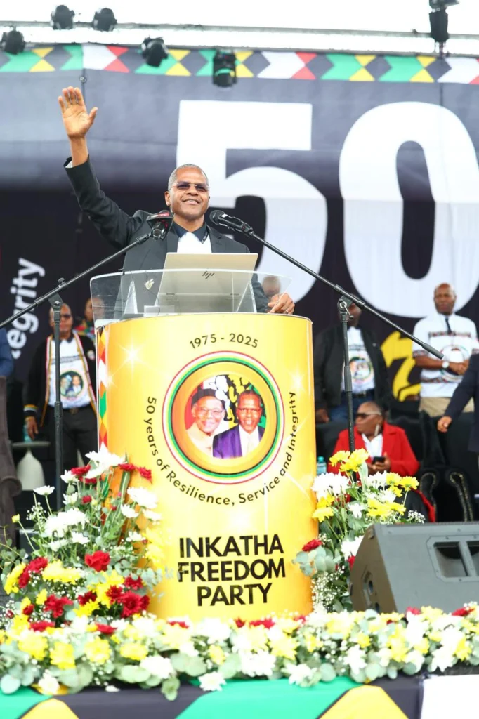 Inkatha Freedom Party leader, Velinkosi Hlabisa addressing the crowd of supporters at the party's Golden Jubilee celebration in Soweto