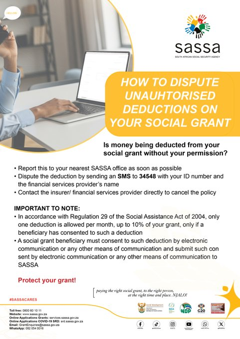 SASSA infographic on how to dispute unauthorised deductions on social grants