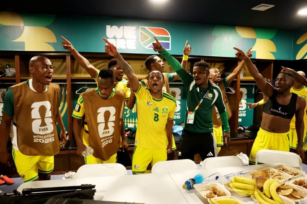 Jubilant and victorious Bafana Bafana players celebrating after their decisive World Cup group stage match against South Korea. Soirce: Bafana Bafana (SAFA) 