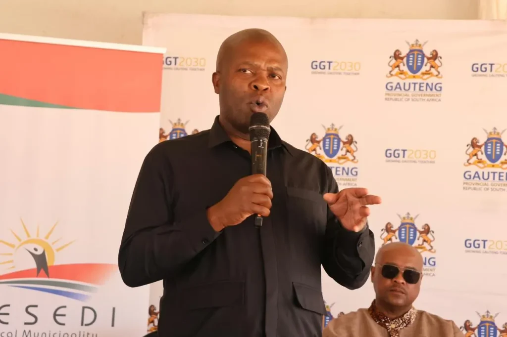 Gauteng MEC Lebogang Maile speaking at the opening of the multi-purpose sports facility at Ratanda Bertha Gxowa. Image supplied by Gauteng SACR
